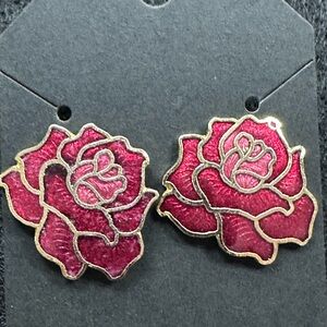 Elegant Cloisonné Rose Gold and Pink Pierced Earrings